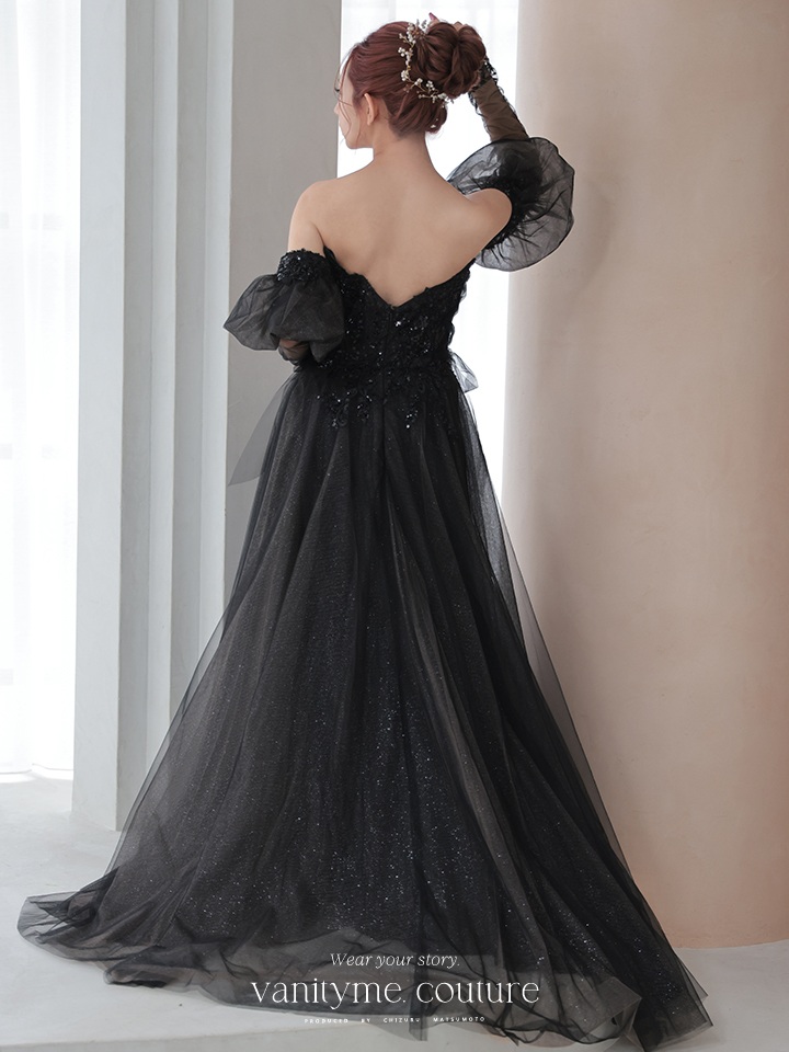 vanityME.couture. バニティミークチュール ロングスリーブ オフショル スパンコール刺繍 スリット入り プリンセス 姫 ロングドレス バースデードレス ブラック 【袖取り外し可能】 vctr-l-2432