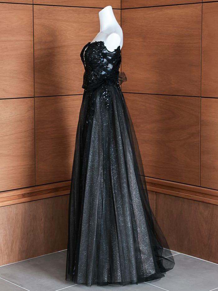 vanityME.couture. バニティミークチュール ロングスリーブ オフショル スパンコール刺繍 スリット入り プリンセス 姫 ロングドレス バースデードレス ブラック 【袖取り外し可能】 vctr-l-2432