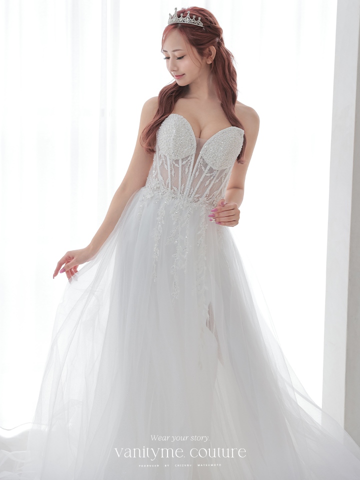vanityME.couture.バニティミークチュール バストパール 刺繍レース Vカット バースデードレス インポート シンデレラ ロングドレス ホワイト vctr-l-2431-1