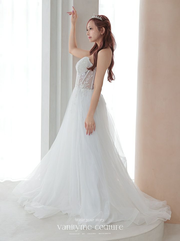 vanityME.couture.バニティミークチュール バストパール 刺繍レース Vカット バースデードレス インポート シンデレラ ロングドレス ホワイト vctr-l-2431-1