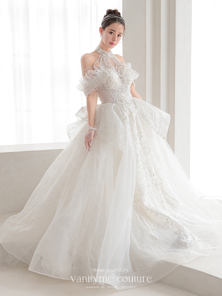 vanityME.couture. バニティミークチュール オフショル ホルターネック シアービジュー チュールスリーブ プリンセス 姫 ウエディングドレス ロングドレス ホワイト 【袖取り外し可能】 vctr-t-2419