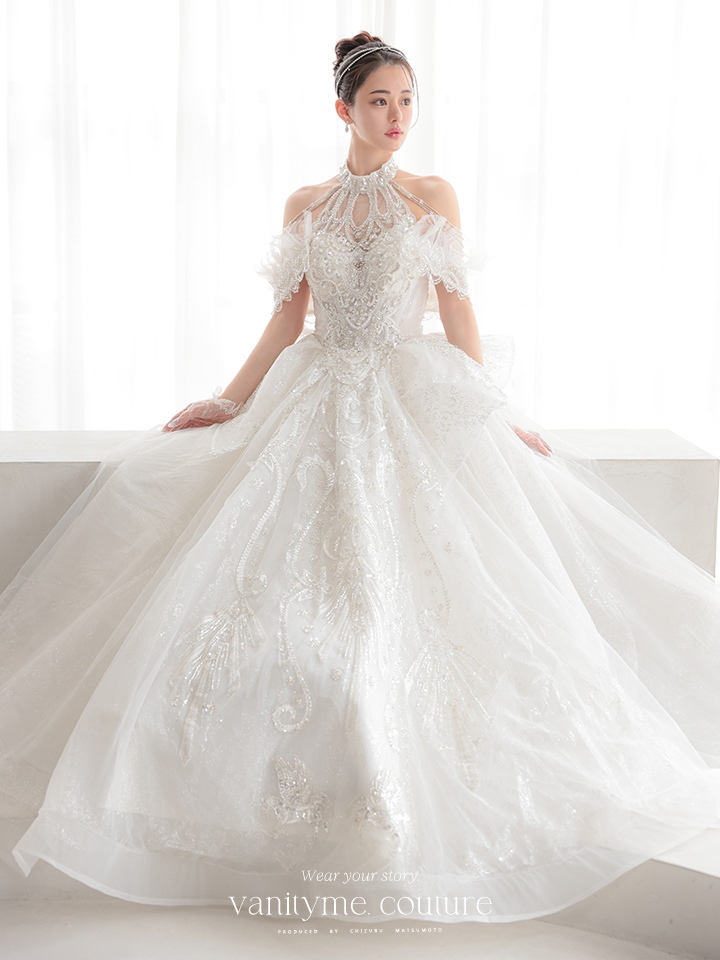 vanityME.couture. バニティミークチュール オフショル ホルターネック シアービジュー チュールスリーブ プリンセス 姫 ウエディングドレス ロングドレス ホワイト 【袖取り外し可能】 vctr-t-2419