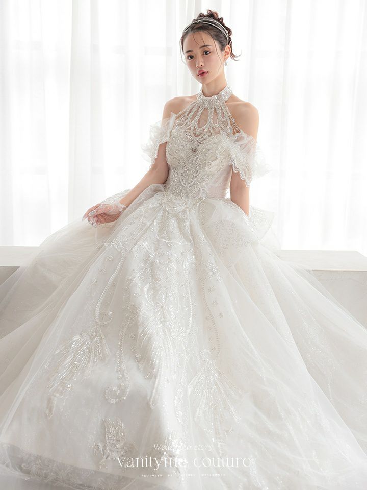 vanityME.couture. バニティミークチュール オフショル ホルターネック シアービジュー チュールスリーブ プリンセス 姫 ウエディングドレス ロングドレス ホワイト 【袖取り外し可能】 vctr-t-2419
