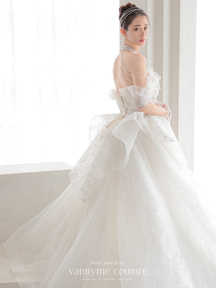 vanityME.couture. バニティミークチュール オフショル ホルターネック シアービジュー チュールスリーブ プリンセス 姫 ウエディングドレス ロングドレス ホワイト 【袖取り外し可能】 vctr-t-2419