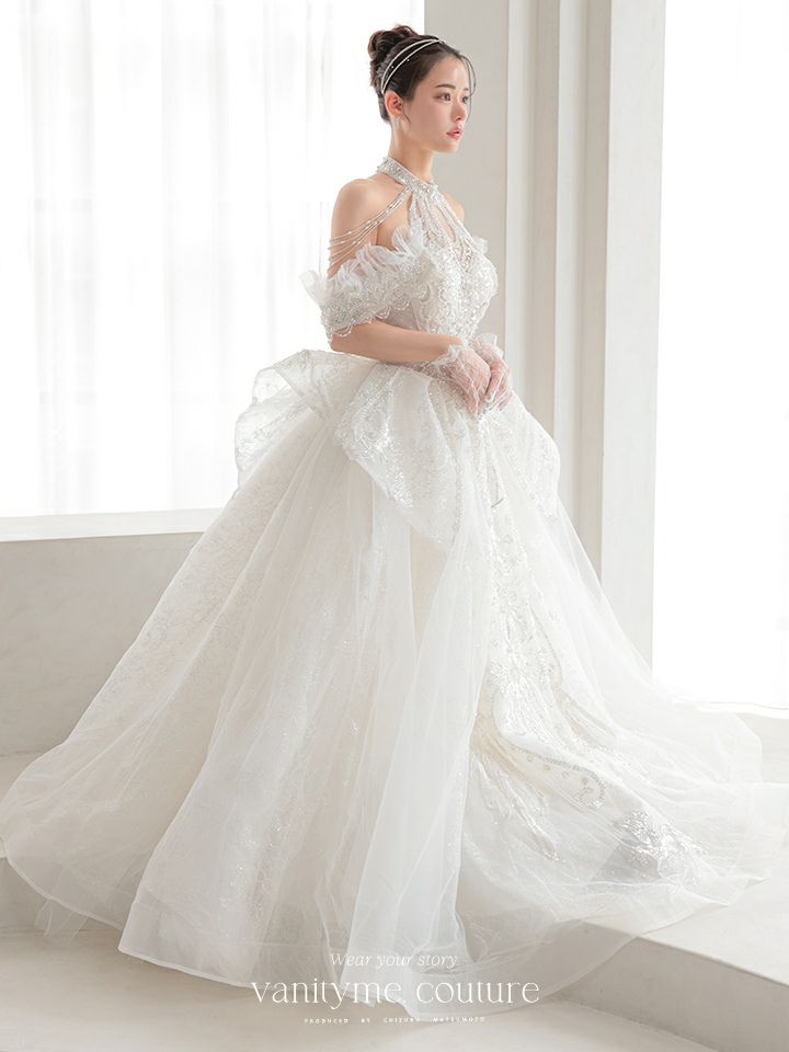 vanityME.couture. バニティミークチュール オフショル ホルターネック シアービジュー チュールスリーブ プリンセス 姫 ウエディングドレス ロングドレス ホワイト 【袖取り外し可能】 vctr-t-2419