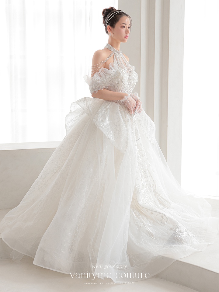vanityME.couture. バニティミークチュール オフショル ホルターネック シアービジュー チュールスリーブ プリンセス 姫 ウエディングドレス ロングドレス ホワイト 【袖取り外し可能】 vctr-t-2419