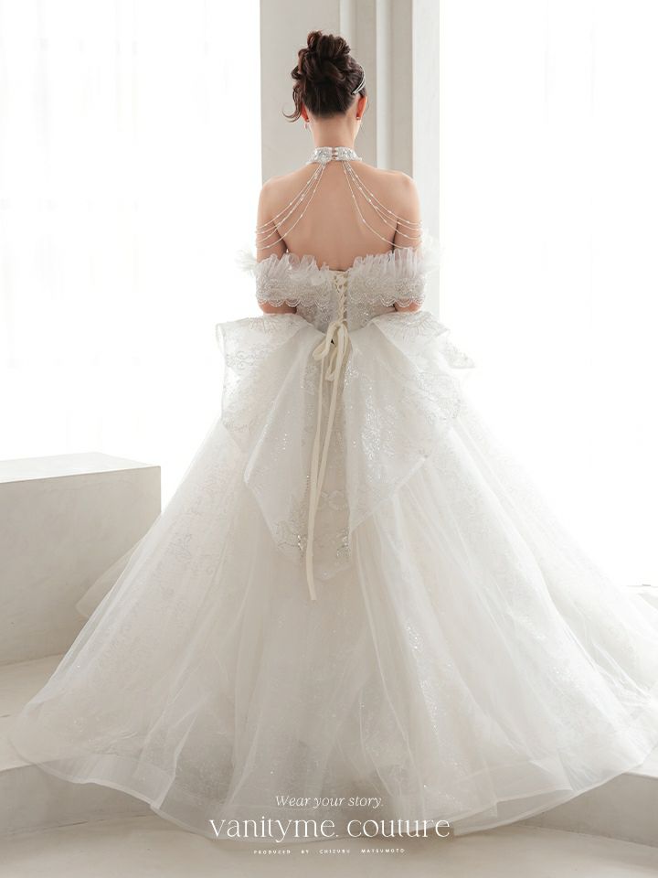 vanityME.couture. バニティミークチュール オフショル ホルターネック シアービジュー チュールスリーブ プリンセス 姫 ウエディングドレス ロングドレス ホワイト 【袖取り外し可能】 vctr-t-2419
