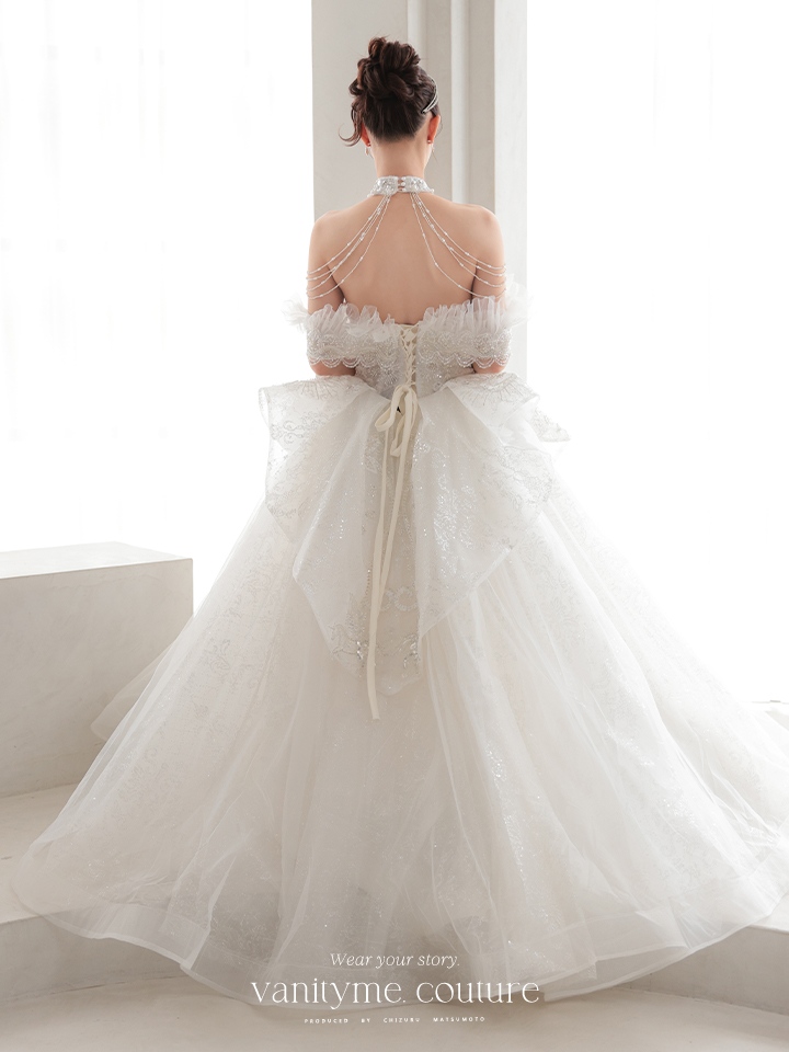 vanityME.couture. バニティミークチュール オフショル ホルターネック シアービジュー チュールスリーブ プリンセス 姫 ウエディングドレス ロングドレス ホワイト 【袖取り外し可能】 vctr-t-2419