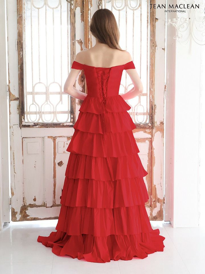 JEAN MACLEAN ジャンマクレーン オフショル/ボリュームフリル/スリット入り/姫/ロングドレス レッド ja41636-1