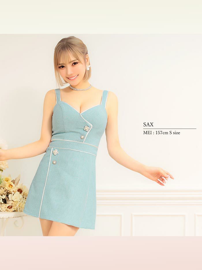 PURESS ピュアレス ビジューボタンパイピングラップデザインマイクロミニドレス サックス ps802409-1-ks