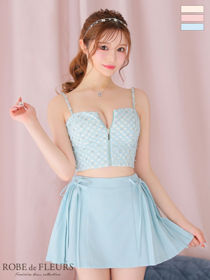 ROBE de FLEURS ローブドフルール アイボリー チェックビジューサイドリボンセットアップミニキャバドレス fm3722-1