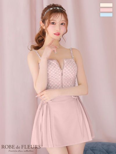 ROBE de FLEURS ローブドフルール ピンク チェックビジューサイドリボンセットアップミニキャバドレス fm3722-2