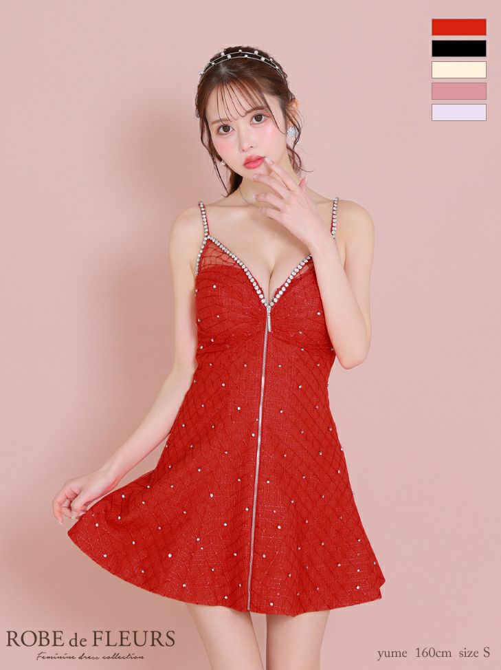 ROBE de FLEURS ローブドフルール ショルダービジューフロントジッパーフレアミニキャバドレス fm3514-c