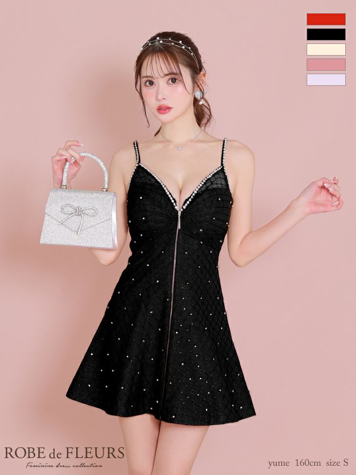 ROBE de FLEURS ローブドフルール ショルダービジューフロントジッパーフレアミニキャバドレス fm3514-c