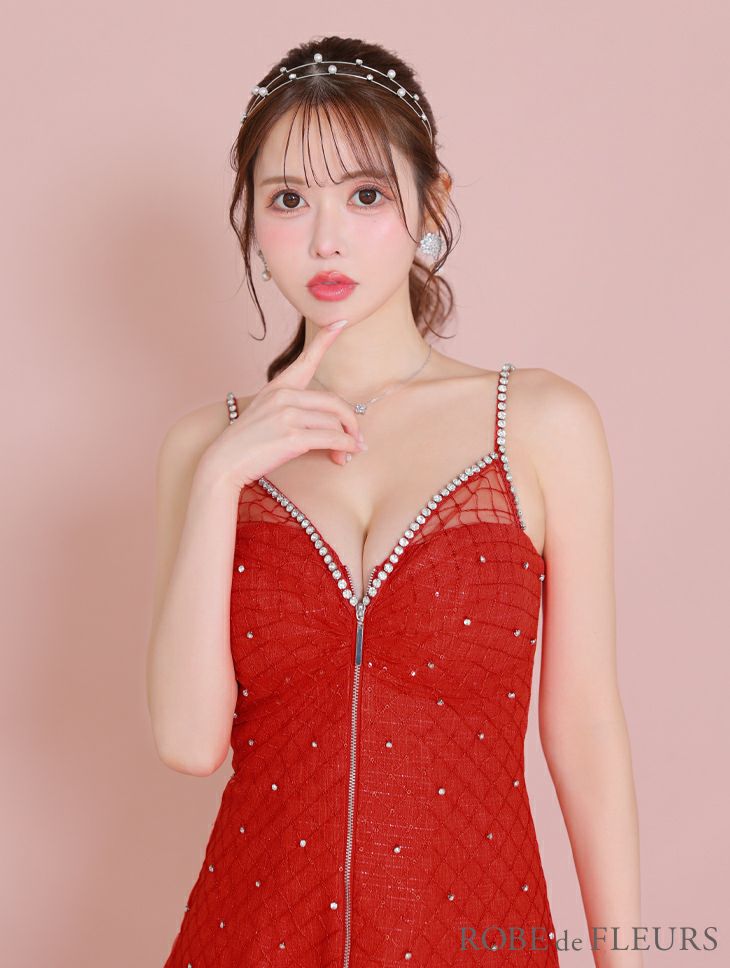 ROBE de FLEURS ローブドフルール ショルダービジューフロントジッパーフレアミニキャバドレス fm3514-c