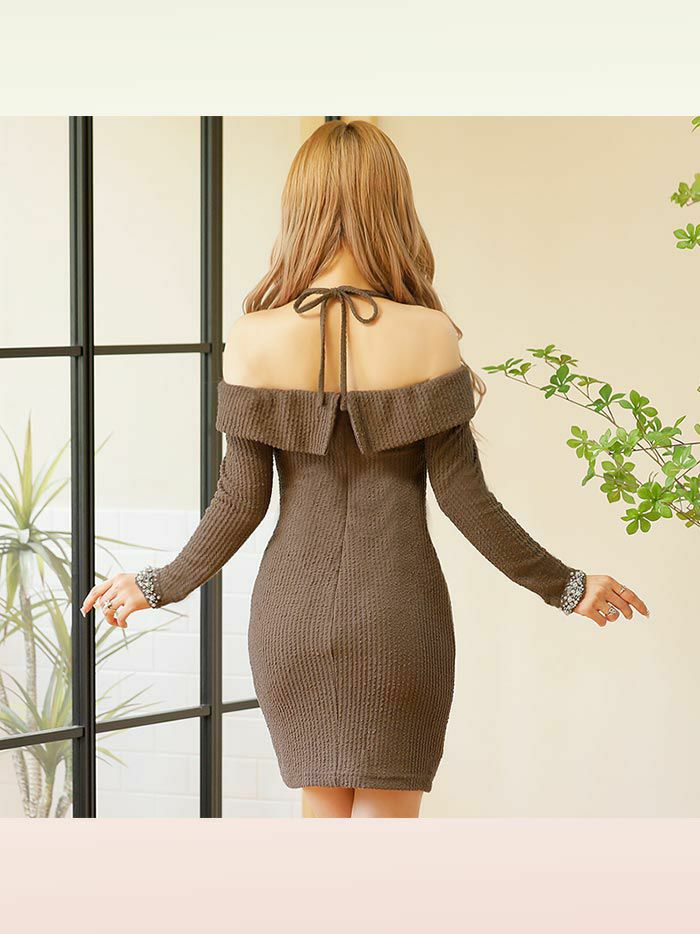 PURESS ピュアレス カラービジューオフショルダーロングスリーブタイトミニドレス ベイクドピンク ps802308-2-ks