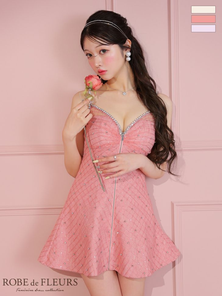 ROBE de FLEURS ローブドフルール アイボリー ショルダービジューフロントジッパーフレアミニキャバドレス fm3514-1