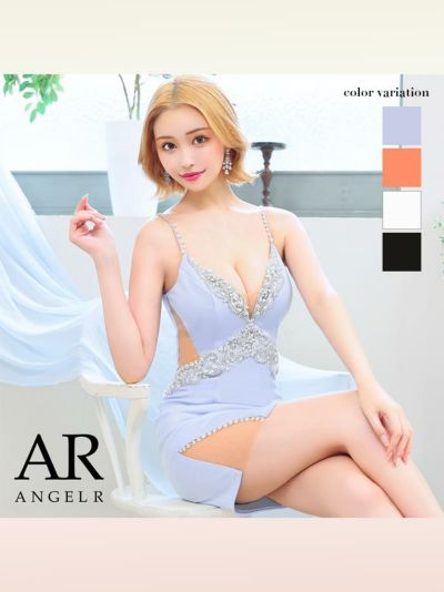 AngelR エンジェルアール アッパークロスビジューパールデザインメッシュタイトミニドレス サックス ar24220-1