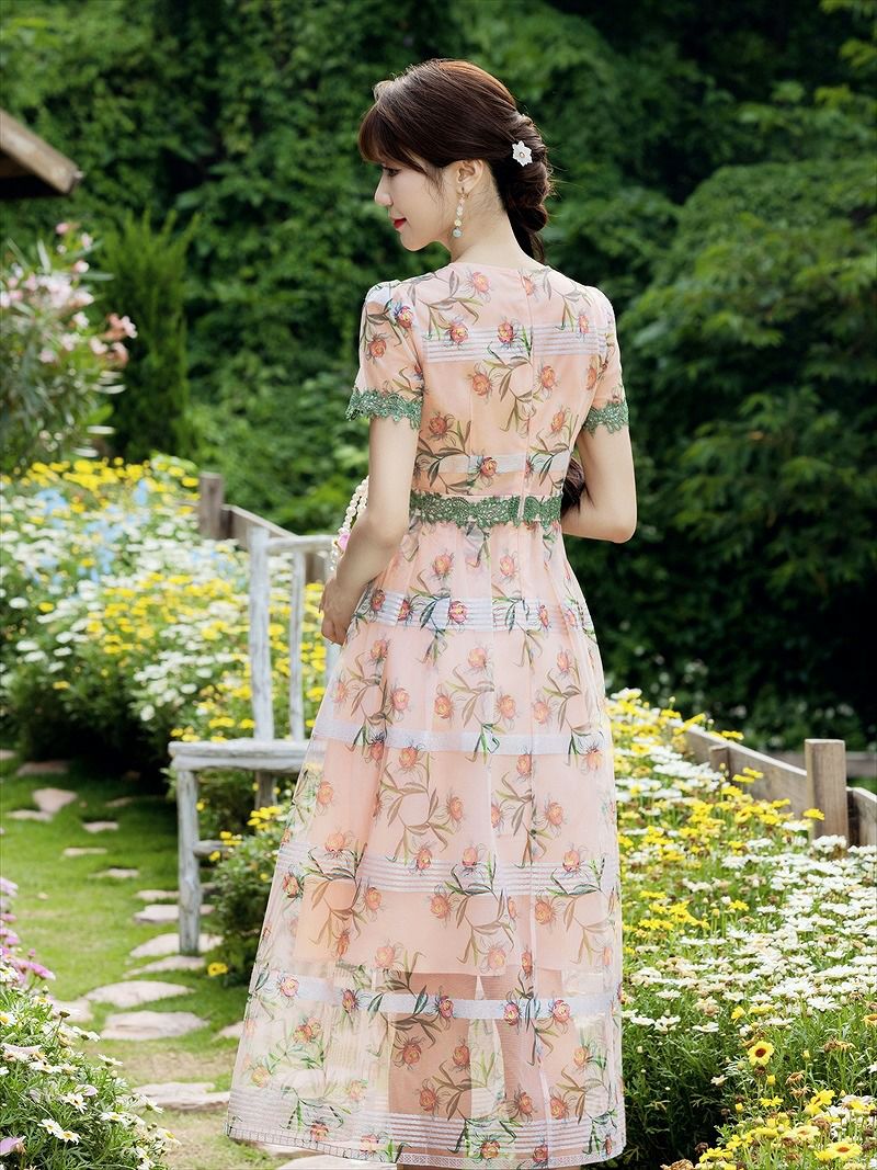 ERUKEI エルケイ ピンク 花柄・半袖・チュール・Aライン・ミディアムドレス・ワンピース ek-c2642-1