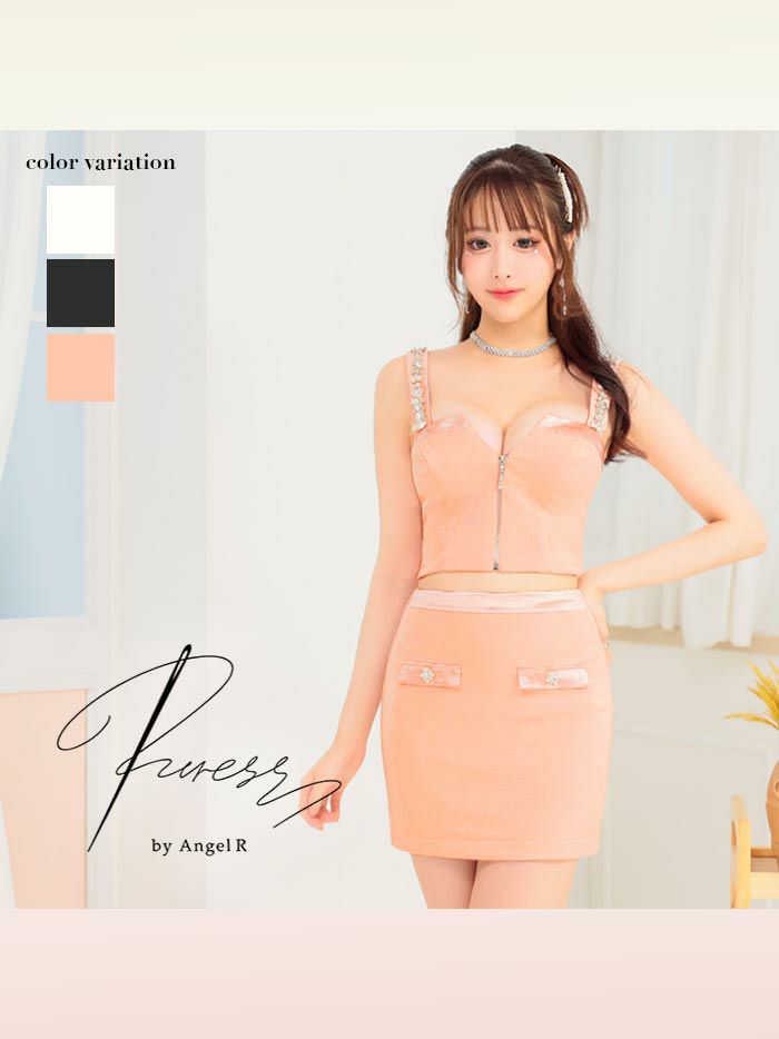 PURESS ピュアレス Vカットサテンショルダービジューセパレートマイクロタイトミニドレス ピンク ps802414-3