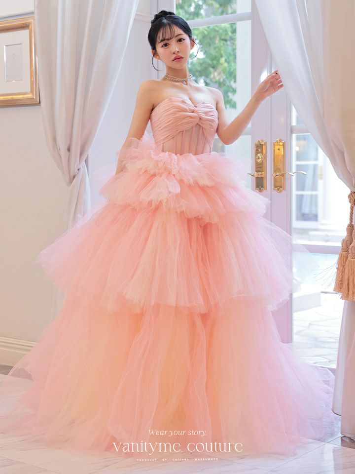 vanityME.couture. バニティミークチュール 4段チュールスカート リボンショール付き パステルカラー プリンセス 姫 ロングドレス ピンク vctr-t-2458