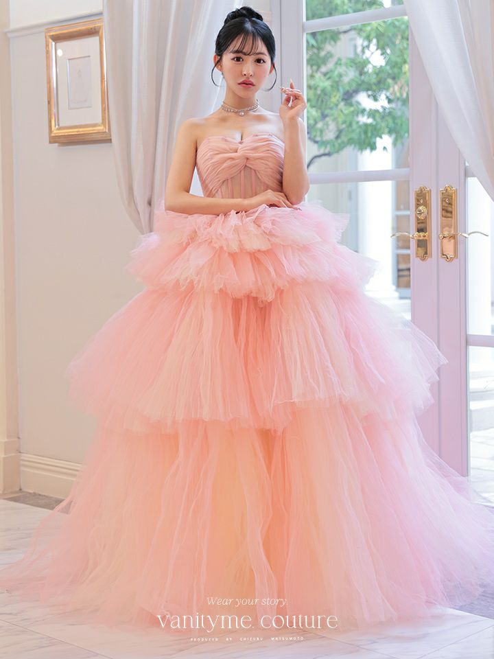 vanityME.couture. バニティミークチュール 4段チュールスカート リボンショール付き パステルカラー プリンセス 姫 ロングドレス ピンク vctr-t-2458