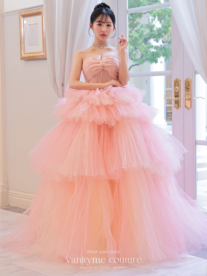 vanityME.couture. バニティミークチュール 4段チュールスカート リボンショール付き パステルカラー プリンセス 姫 ロングドレス ピンク vctr-t-2458