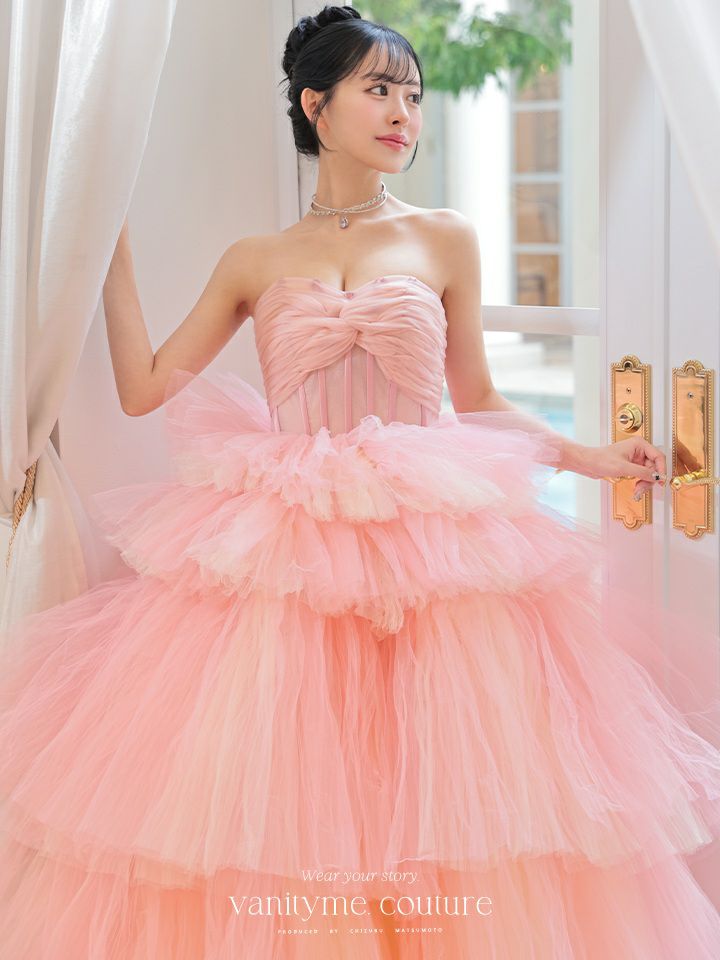 vanityME.couture. バニティミークチュール 4段チュールスカート リボンショール付き パステルカラー プリンセス 姫 ロングドレス ピンク vctr-t-2458