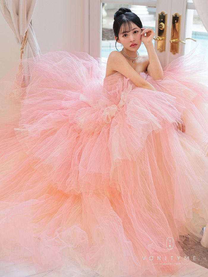 vanityME.couture. バニティミークチュール 4段チュールスカート リボンショール付き パステルカラー プリンセス 姫 ロングドレス ピンク vctr-t-2458