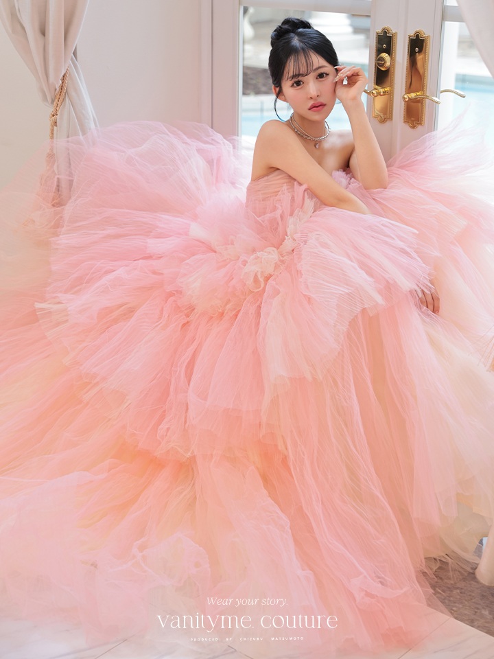 vanityME.couture. バニティミークチュール 4段チュールスカート リボンショール付き パステルカラー プリンセス 姫 ロングドレス ピンク vctr-t-2458