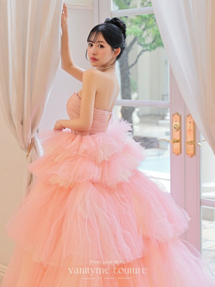 vanityME.couture. バニティミークチュール 4段チュールスカート リボンショール付き パステルカラー プリンセス 姫 ロングドレス ピンク vctr-t-2458