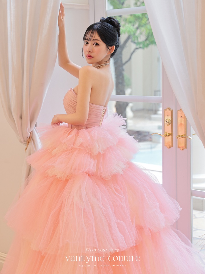vanityME.couture. バニティミークチュール 4段チュールスカート リボンショール付き パステルカラー プリンセス 姫 ロングドレス ピンク vctr-t-2458