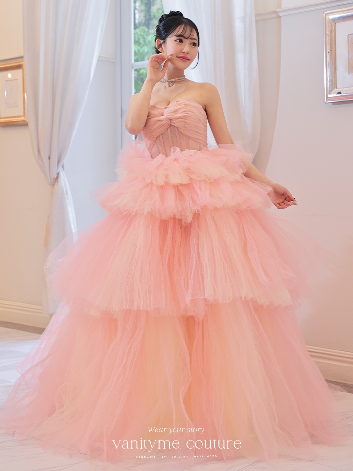 vanityME.couture. バニティミークチュール 4段チュールスカート リボンショール付き パステルカラー プリンセス 姫 ロングドレス ピンク vctr-t-2458