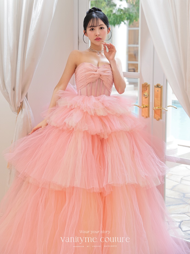 vanityME.couture. バニティミークチュール 4段チュールスカート リボンショール付き パステルカラー プリンセス 姫 ロングドレス ピンク vctr-t-2458