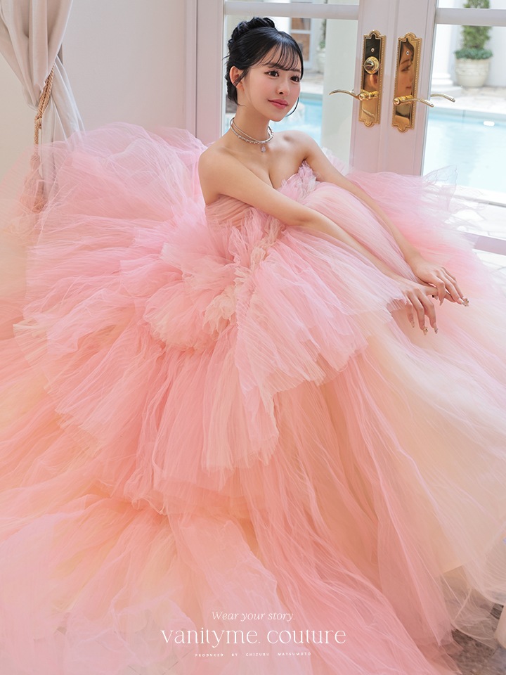 vanityME.couture. バニティミークチュール 4段チュールスカート リボンショール付き パステルカラー プリンセス 姫 ロングドレス ピンク vctr-t-2458