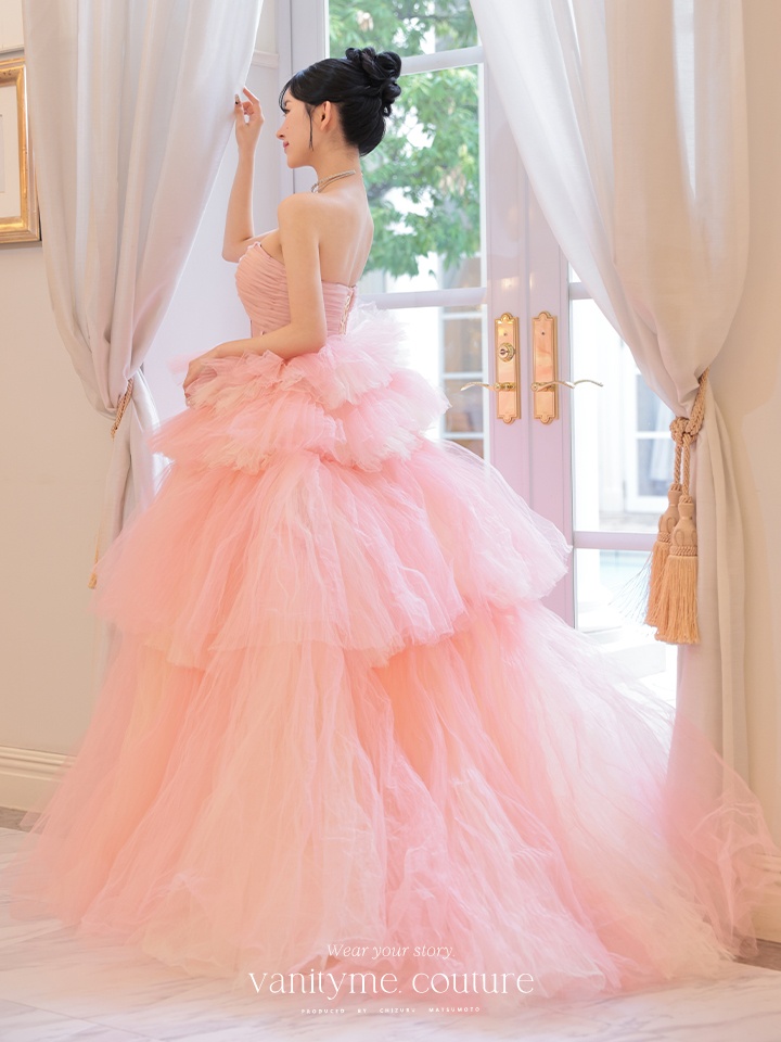 vanityME.couture. バニティミークチュール 4段チュールスカート リボンショール付き パステルカラー プリンセス 姫 ロングドレス ピンク vctr-t-2458