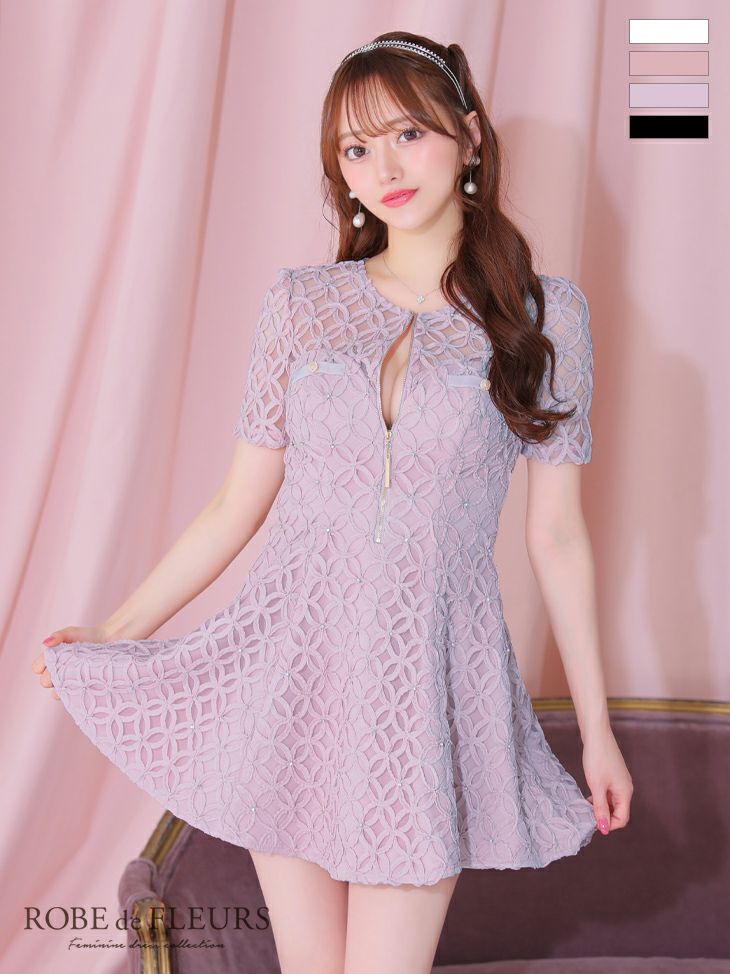 ROBE de FLEURS ローブドフルール シースルーレースビジューバストジップミニキャバドレス fm3727-c