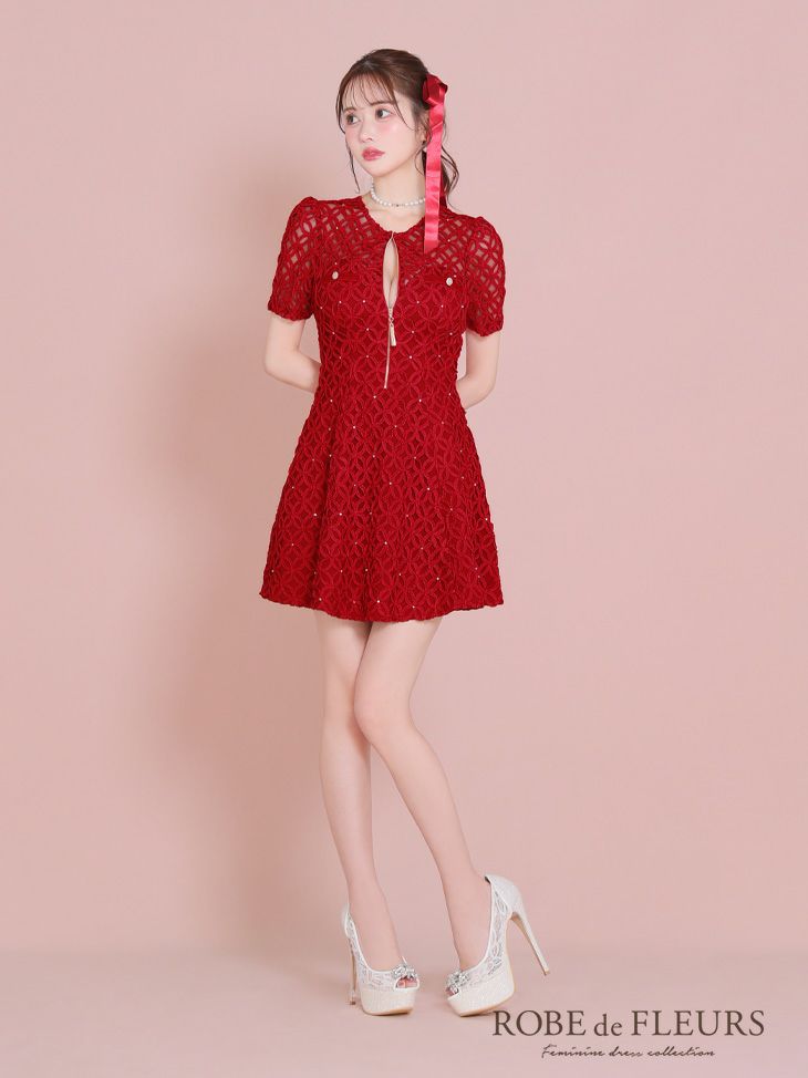 ROBE de FLEURS ローブドフルール シースルーレースビジューバストジップミニキャバドレス fm3727-c