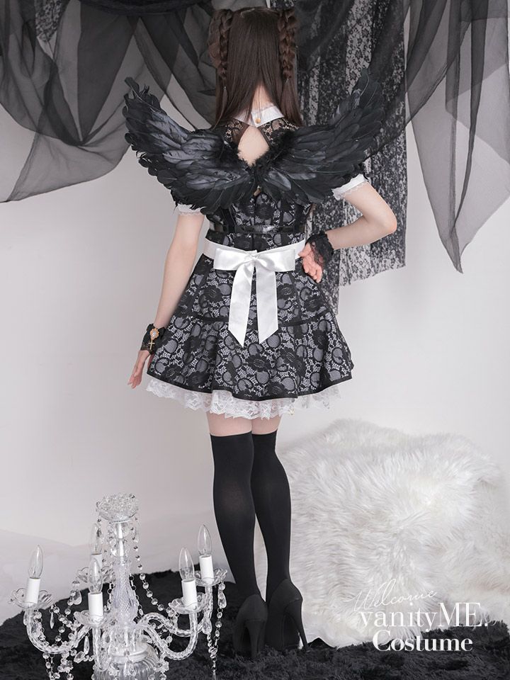 【7点セット】Malymoon/マリームーン □天使or堕天使■レースアレンジメントエンジェルドレス [ホワイト/ブラック] ml9959