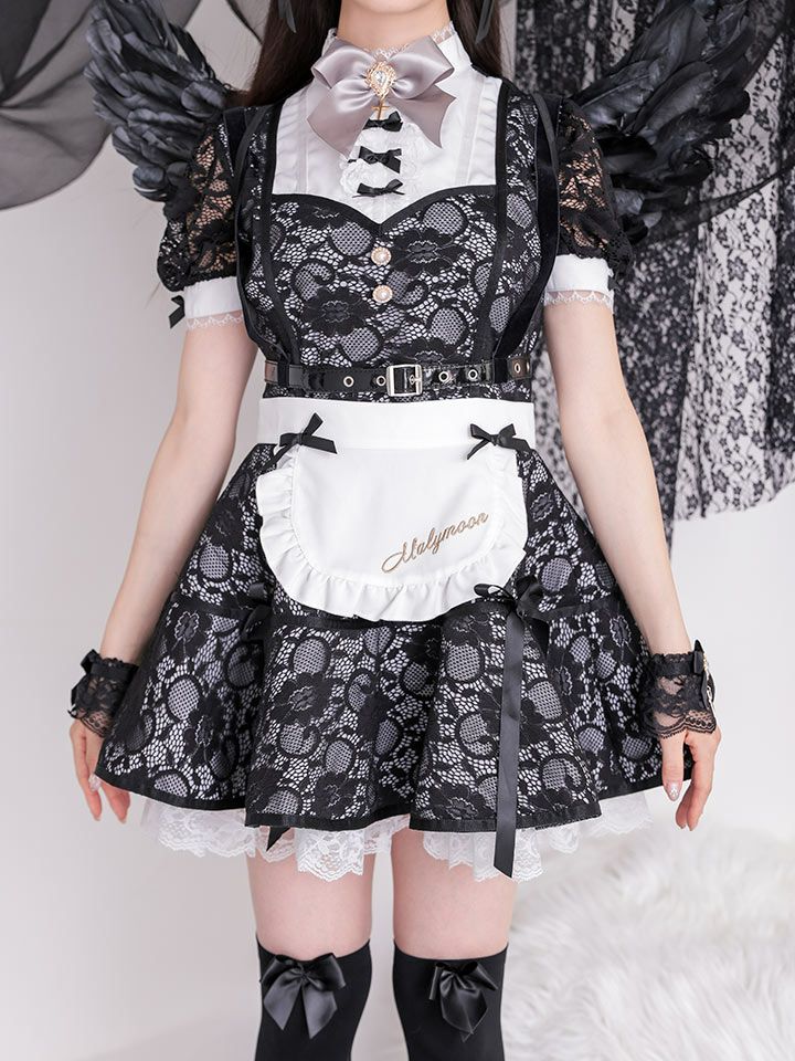 【7点セット】Malymoon/マリームーン □天使or堕天使■レースアレンジメントエンジェルドレス [ホワイト/ブラック] ml9959