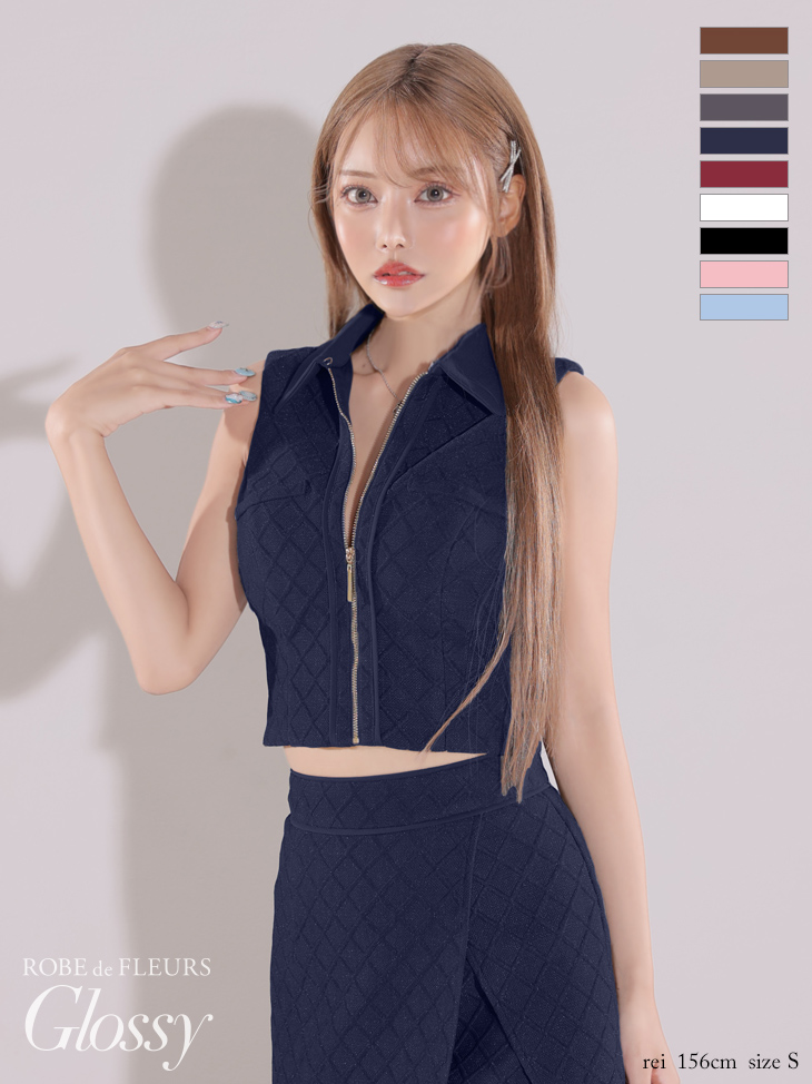 Glossy ローブドフルールグロッシー 襟付き×ノースリーブセンタージップセットアップキャバドレス gl3261-c