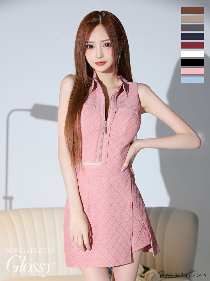 Glossy ローブドフルールグロッシー 襟付き×ノースリーブセンタージップセットアップキャバドレス gl3261-c