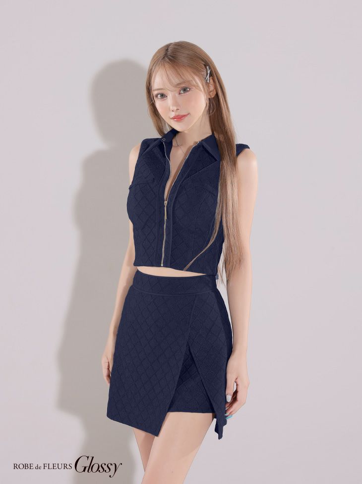 Glossy ローブドフルールグロッシー 襟付き×ノースリーブセンタージップセットアップキャバドレス gl3261-c