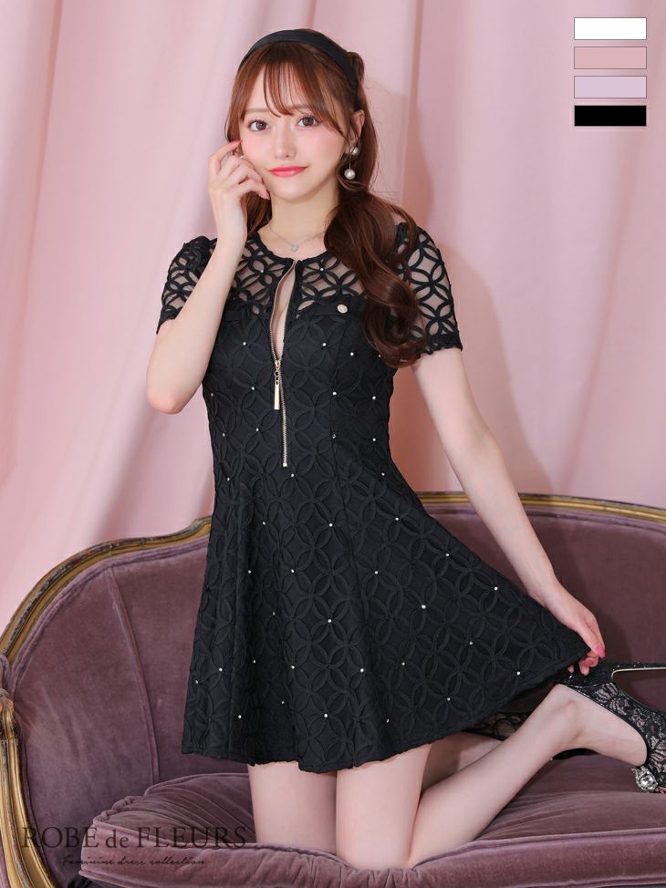 ROBE de FLEURS ローブドフルール ホワイト シースルーレースビジューバストジップミニキャバドレス fm3727-1