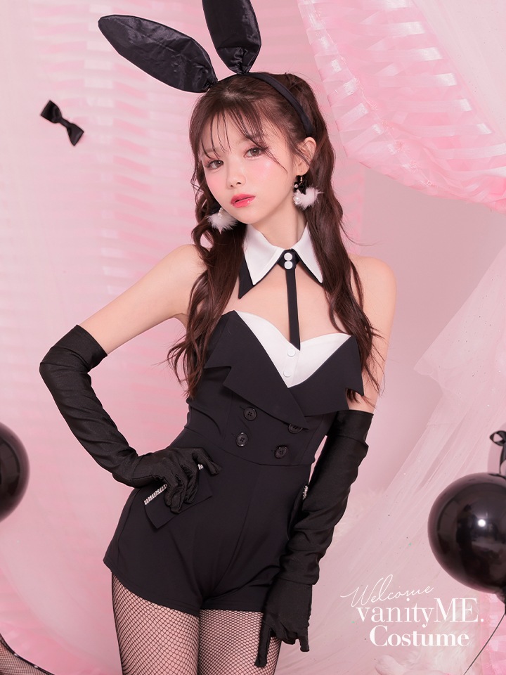 バニーガール 強まり M コスチューム レースアップ レザー風 ウサ耳 黒  