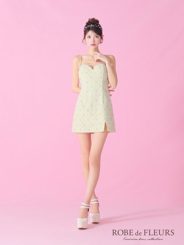 ROBE de FLEURS ローブドフルール ビジューリボンハートカットタイトミニキャバドレス【デコルテパーツ取り外し可能】 fm3426-c