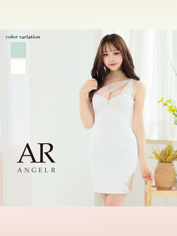 AngelR エンジェルアール フラワーレースメッシュワンショルダービジュータイトミニドレス ホワイト ar24822-3-ks