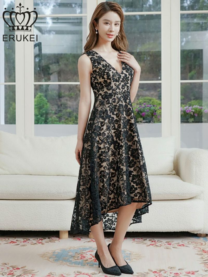 ERUKEI エルケイ ブラック ノースリーブ・花柄・ハイビスカス・レース・刺繍・Vネック テールカット・Aライン・ミディアムドレス・ワンピース ek-e24022-2
