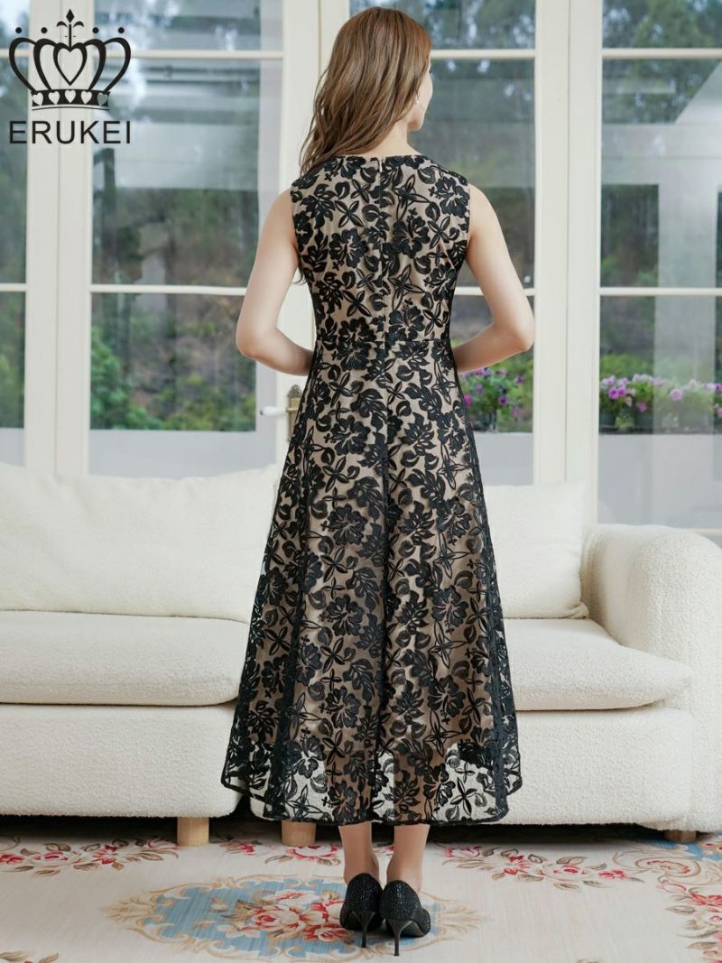 ERUKEI エルケイ ブラック ノースリーブ・花柄・ハイビスカス・レース・刺繍・Vネック テールカット・Aライン・ミディアムドレス・ワンピース ek-e24022-2