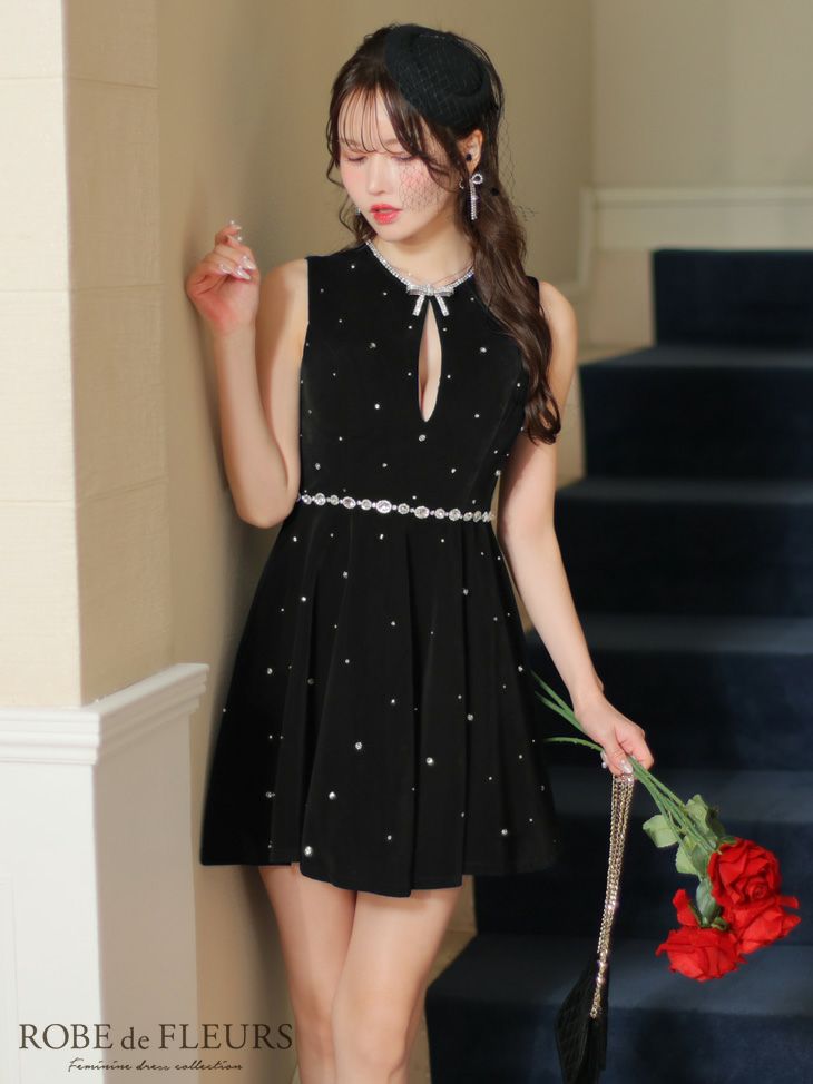 ROBE de FLEURS ローブドフルール ブラック ビジューデザインベルベットフレアミニキャバドレス fm3613-1